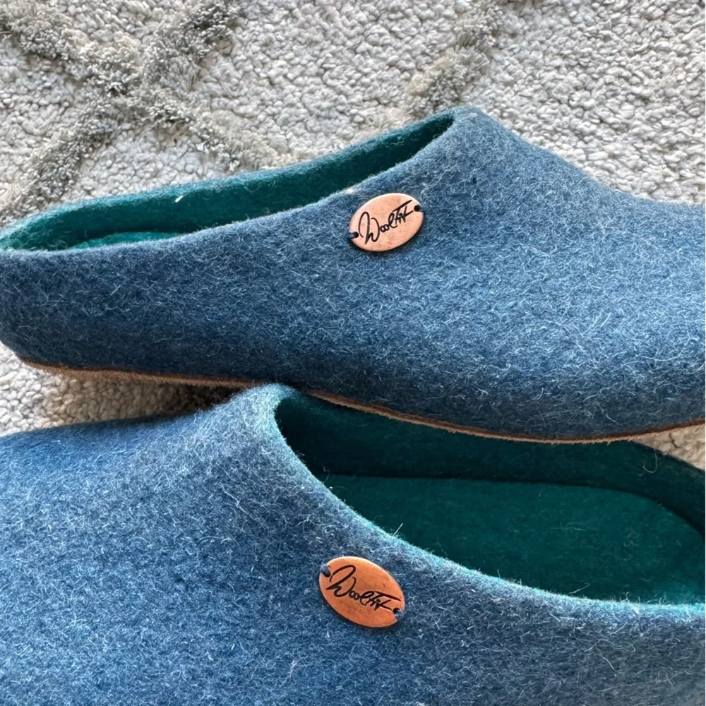 WoolFit wool felt handmade clogs slippers slip on blue German 39 / 9 - Picture 10 of 13